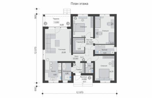 Одноэтажный дом с террасой, тремя спальнями и отделкой штукатуркой.